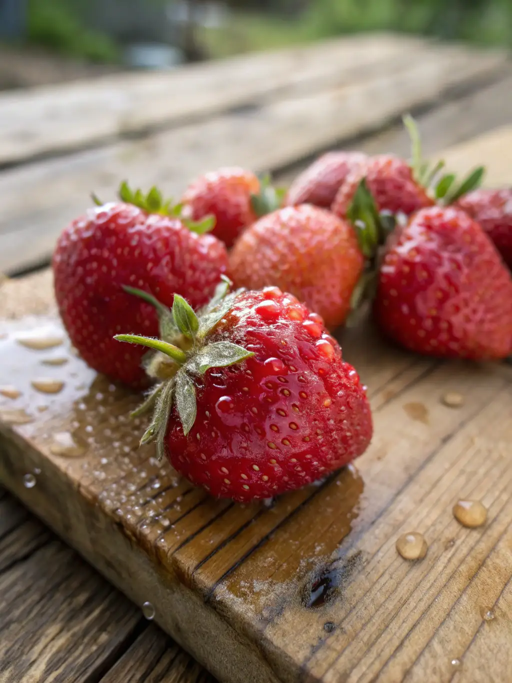 Close-up of ripe, red strawberries glistening with moisture, arranged in a small basket, ready to be used in SweetRootFruitCo's strawberry ice cream.