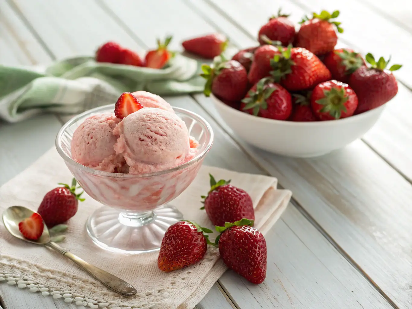 A close-up shot of a scoop of strawberry basil ice cream, highlighting the fresh basil leaves and vibrant red strawberries. The background is a blurred image of a sunny strawberry field.