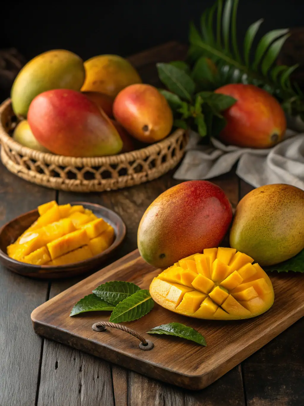 A perfectly ripe mango, sliced to reveal its vibrant orange flesh, placed against a backdrop of lush green leaves, destined for SweetRootFruitCo's mango ice cream.