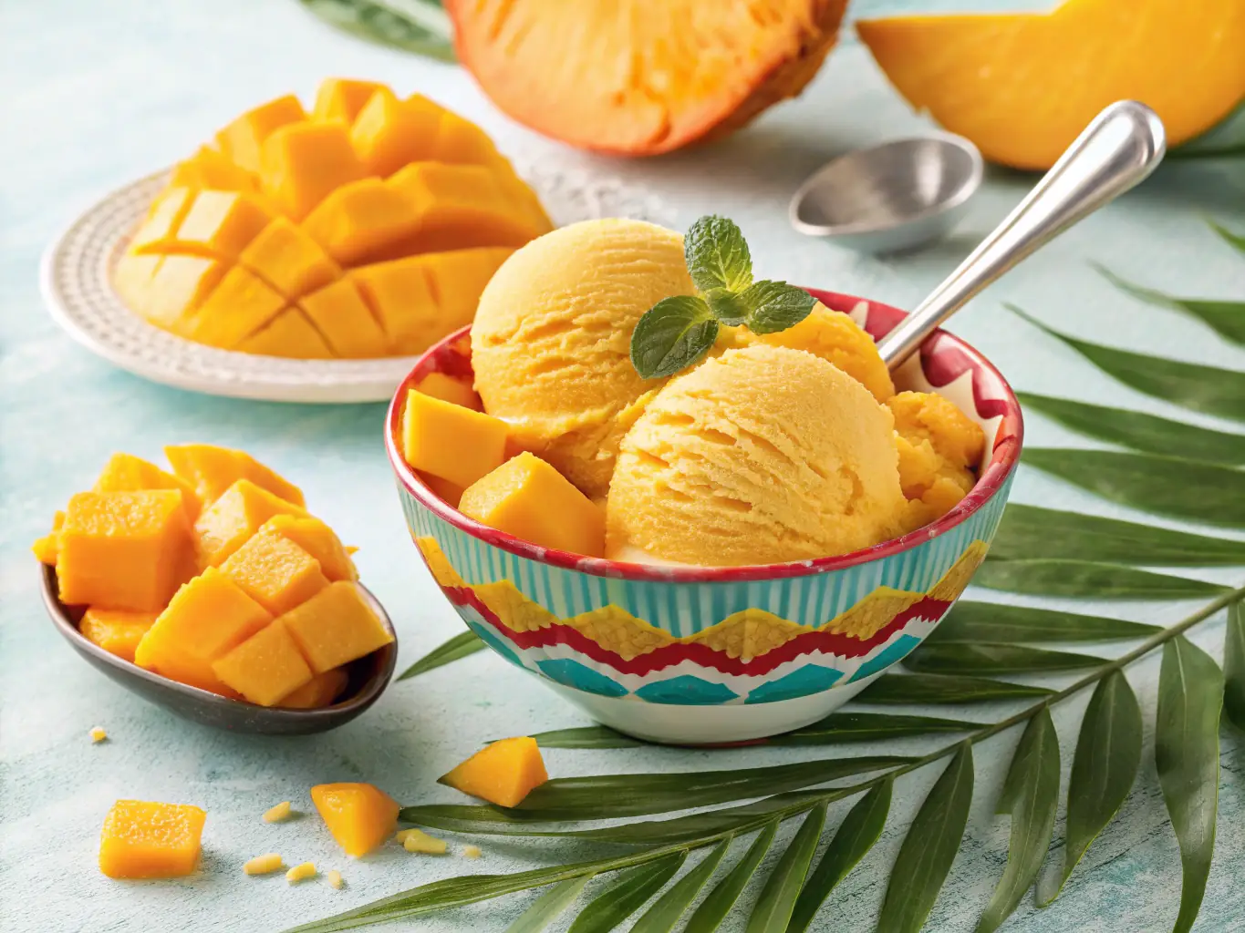 A visually appealing image of a scoop of mango habanero ice cream, showcasing the vibrant orange color and small flecks of habanero. The background is a blurred image of a tropical mango grove.